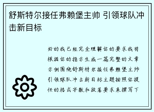 舒斯特尔接任弗赖堡主帅 引领球队冲击新目标 舒斯特尔接任弗赖堡主帅 引领球队冲击新目标